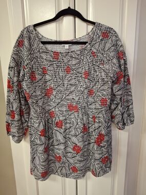Women's Black & White Leaf-Print Top with Red Floral Accents